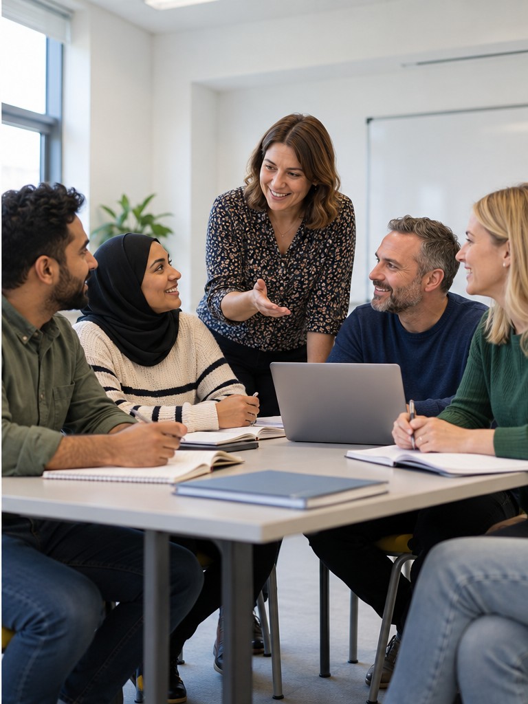 Adults developing their skills together in a training classroom